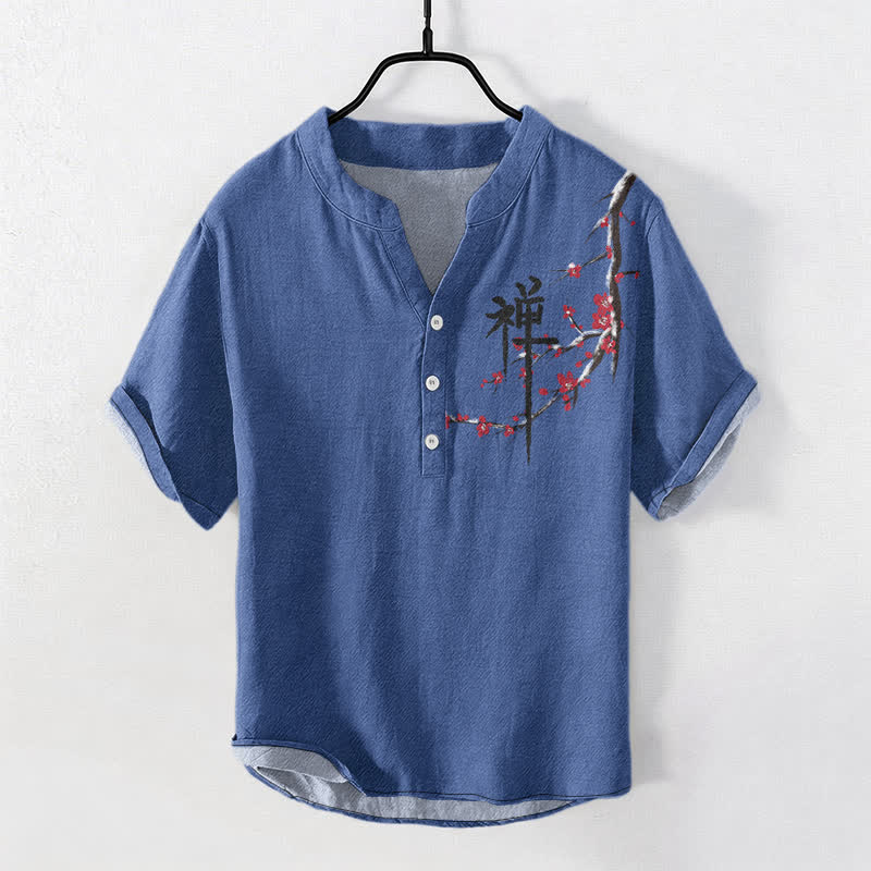 Buddha Stones Cotton Cherry Blossom Calligraphy Zen Pattern Men's Short Sleeve Half Button Shirt - SteelBlue - US/UK/AU50，EU60 (5XL) - image 3