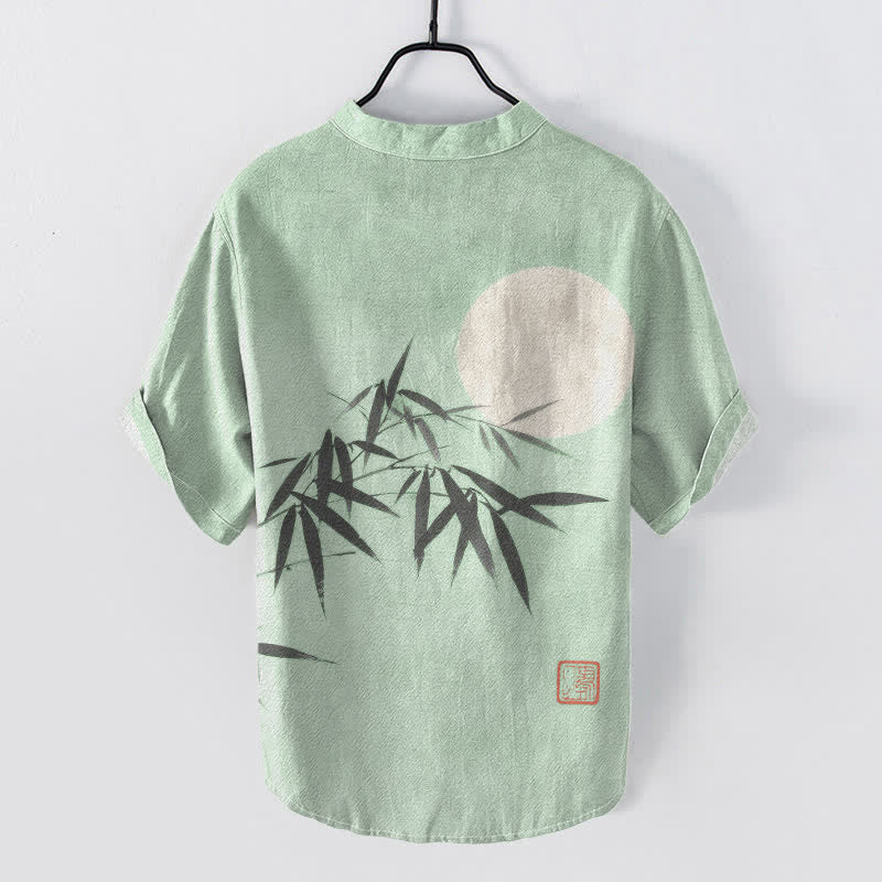 Buddha Stones Cotton Bamboo Leaf Ink Moon Pattern Men's Short Sleeve Half Button Shirt - image 4
