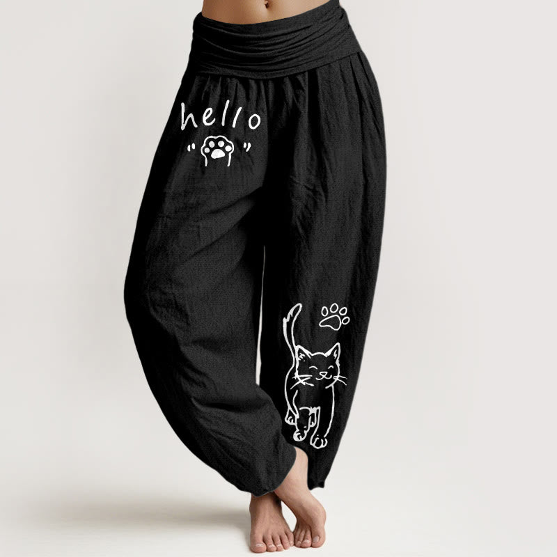 Buddha Stones Pure Cotton Hello Cat Paw Pattern Women's Elastic Waist Harem Pants - Black - US16，UK/AU20，EU48 (3XL) - image 0