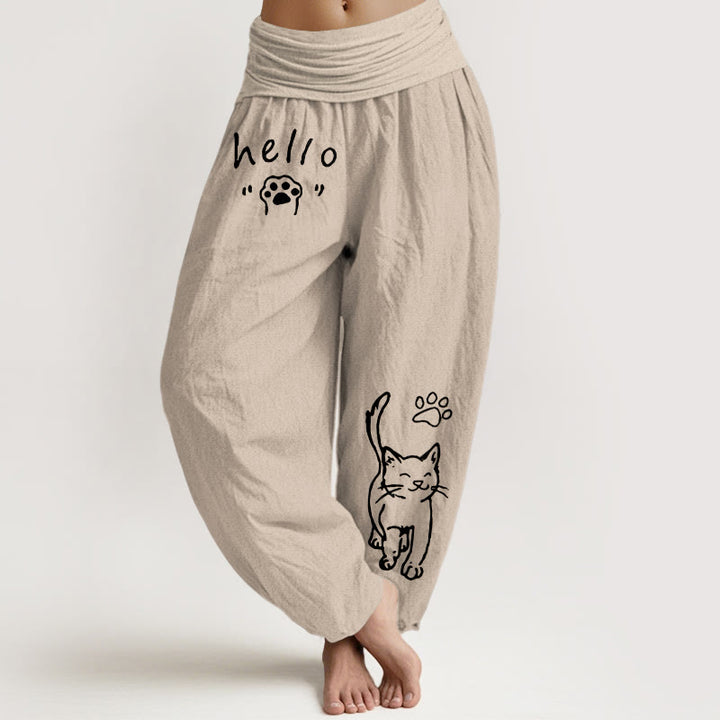 Buddha Stones Pure Cotton Hello Cat Paw Pattern Women's Elastic Waist Harem Pants - Tan - US16，UK/AU20，EU48 (3XL) - image 11