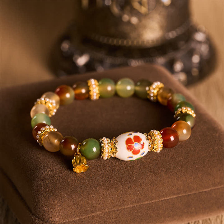 Buddha Stones Natural Peacock Agate Ceramic Barrel Bead Lotus Pendant Confidence Round Bead Bracele - image 1