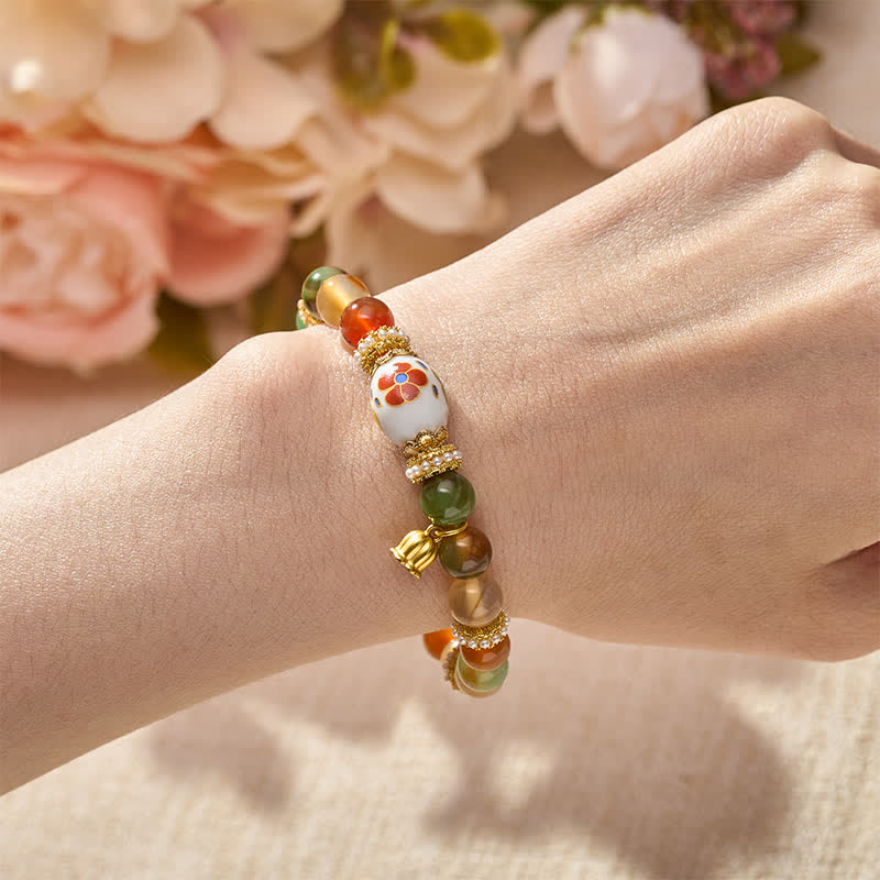 Buddha Stones Natural Peacock Agate Ceramic Barrel Bead Lotus Pendant Confidence Round Bead Bracele - image 4