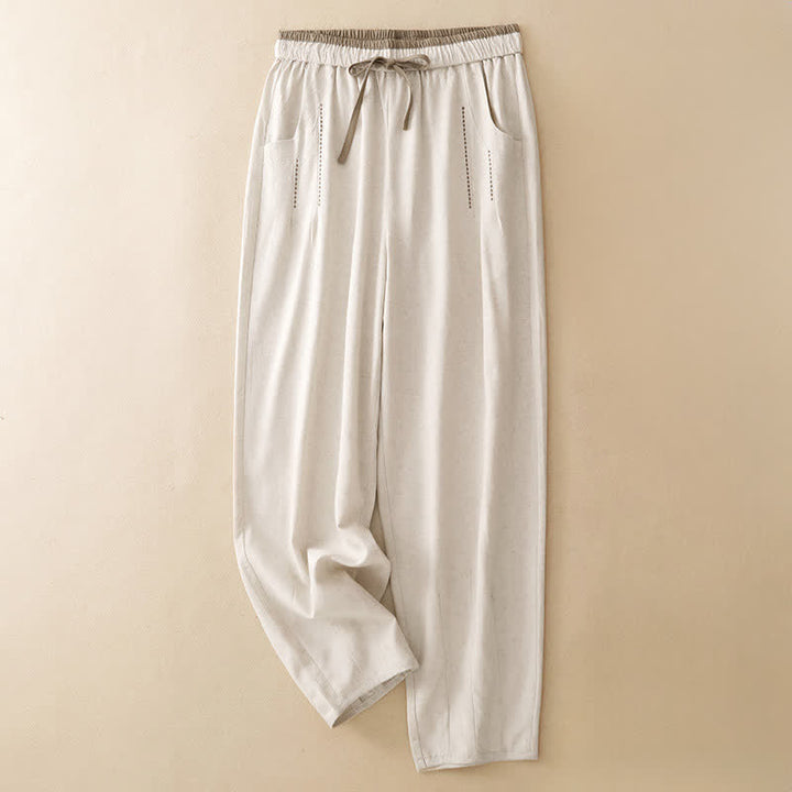 Buddha Stones Summer Casual Minimalist Drawstring Solid Cropped Pants Women's Tapered Pants With Pocket - Beige - US8-10, UK/AU12-14, EU40-42 (2XL) - image 0