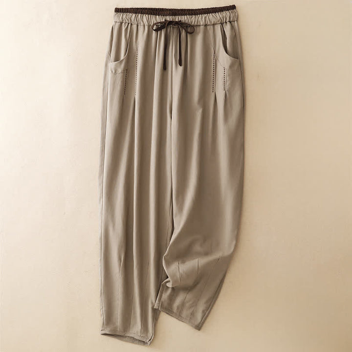 Buddha Stones Summer Casual Minimalist Drawstring Solid Cropped Pants Women's Tapered Pants With Pocket - Tan - US8-10, UK/AU12-14, EU40-42 (2XL) - image 9