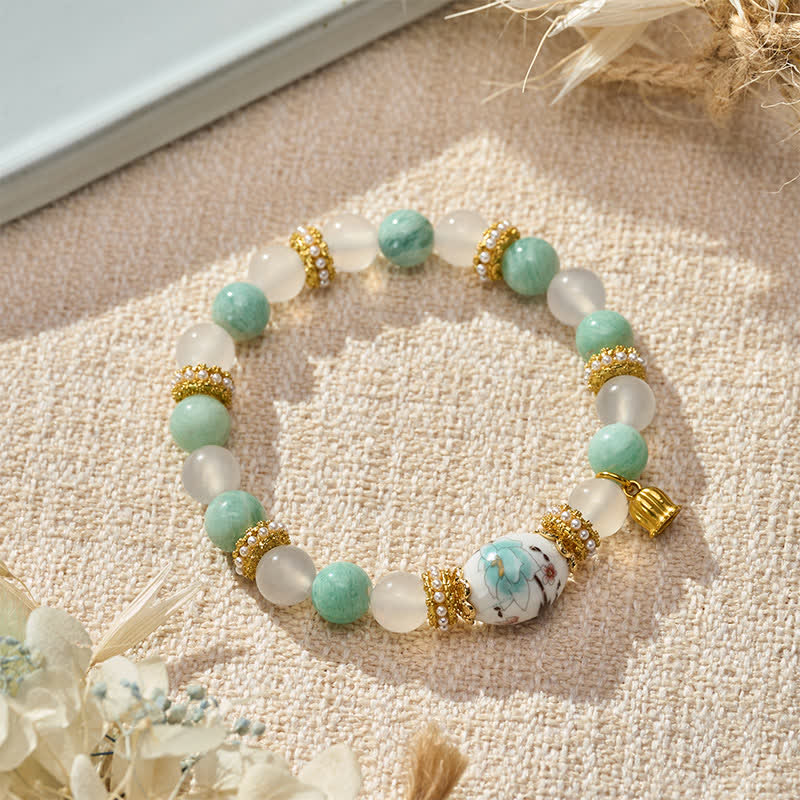 Buddha Stones White Agate Amazonite Ceramic Barrel Bead Flower Pendant Purity Round Bead Bracelet - White Agate Amazonite (Wrist Circumference: 15–16 cm) - image 0