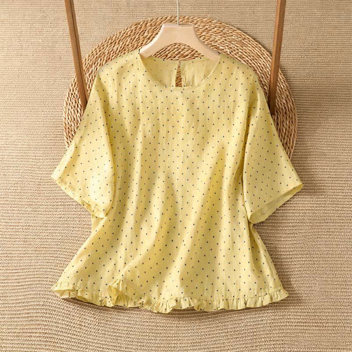 Buddha Stones Summer Casual Polka Dot Ruffled Hem Women's Short Sleeve T-Shirts - LightYellow - US8-10, UK/AU12-14, EU40-42 (2XL) - image 0