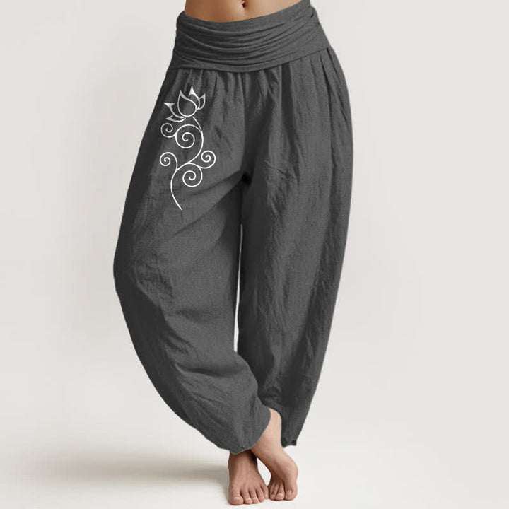 Buddha Stones Pure Cotton White Lotus Floral Vine Pattern Women's Elastic Waist Harem Pants - DimGray - US16，UK/AU20，EU48 (3XL) - image 8