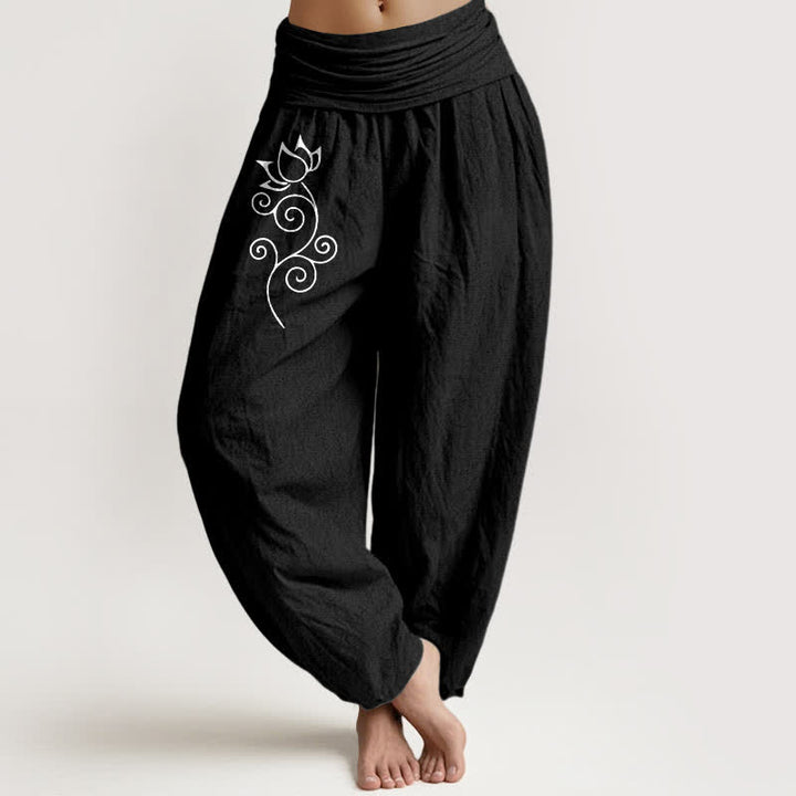 Buddha Stones Pure Cotton White Lotus Floral Vine Pattern Women's Elastic Waist Harem Pants - Black - US16，UK/AU20，EU48 (3XL) - image 5