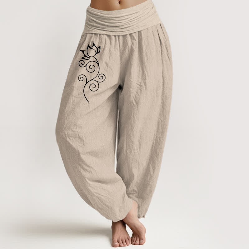 Buddha Stones Pure Cotton White Lotus Floral Vine Pattern Women's Elastic Waist Harem Pants - Tan - US16，UK/AU20，EU48 (3XL) - image 11