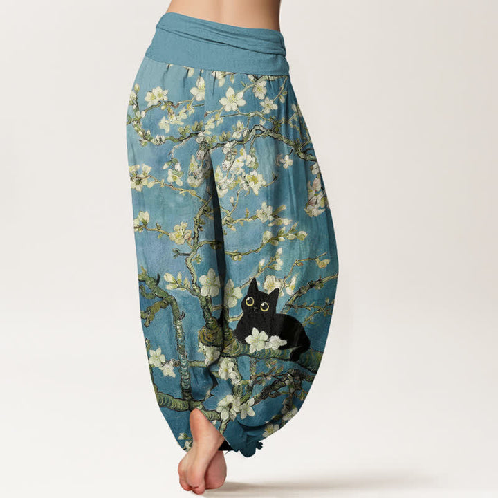 Buddha Stones Pure Cotton Botanical Blossom Cat Pattern Women's Elastic Waist Harem Pants - image 2