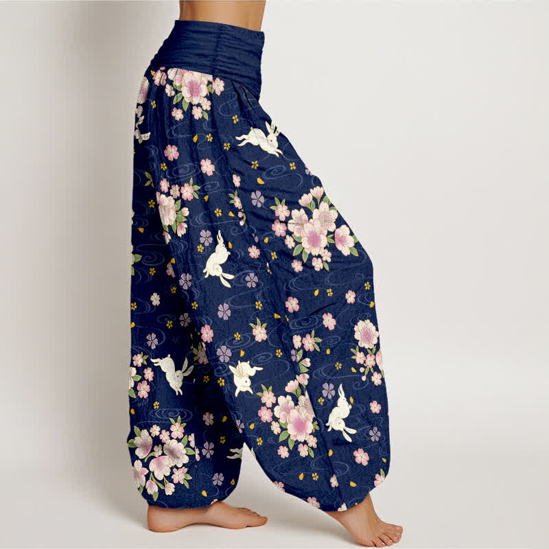 Buddha Stones Pure Cotton Floral Rabbit Pattern Women's Elastic Waist Harem Pants - image 1