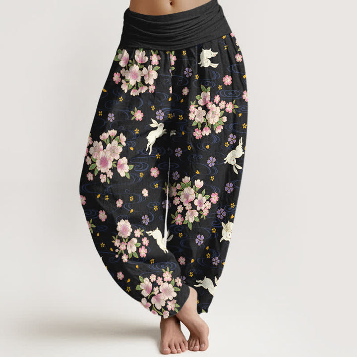 Buddha Stones Pure Cotton Floral Rabbit Pattern Women's Elastic Waist Harem Pants - Black - US16，UK/AU20，EU48 (3XL) - image 8