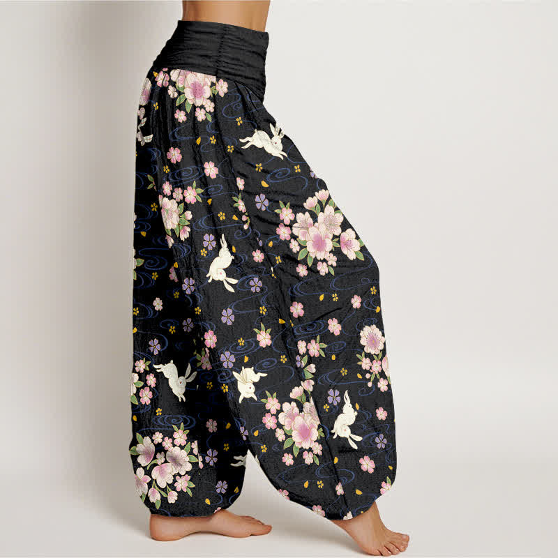 Buddha Stones Pure Cotton Floral Rabbit Pattern Women's Elastic Waist Harem Pants - image 9