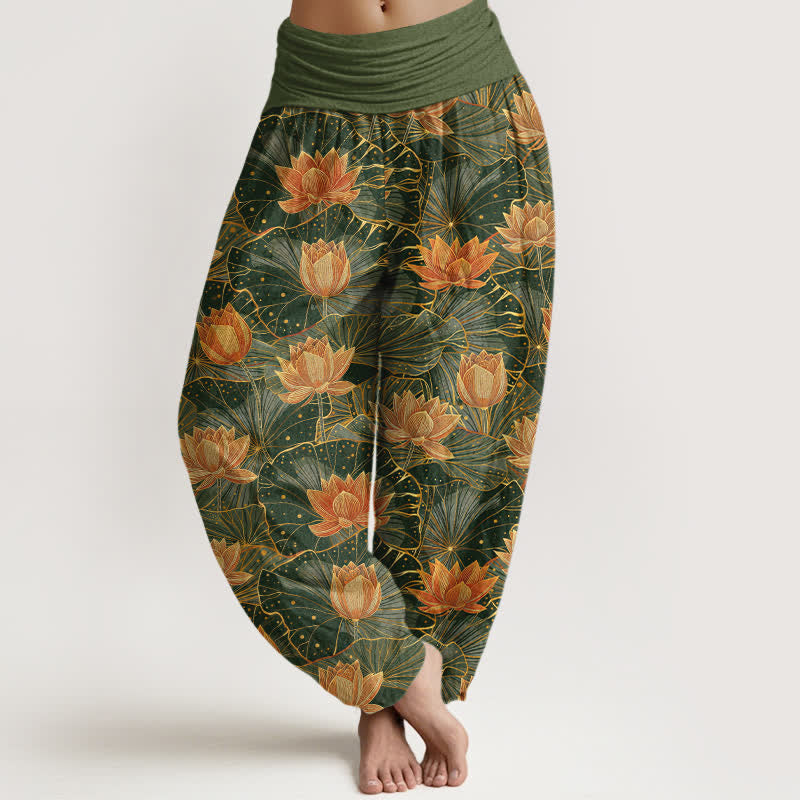 Buddha Stones Pure Cotton Lotus Bloom Pattern Women's Elastic Waist Harem Pants - DarkOliveGreen - US16，UK/AU20，EU48 (3XL) - image 5