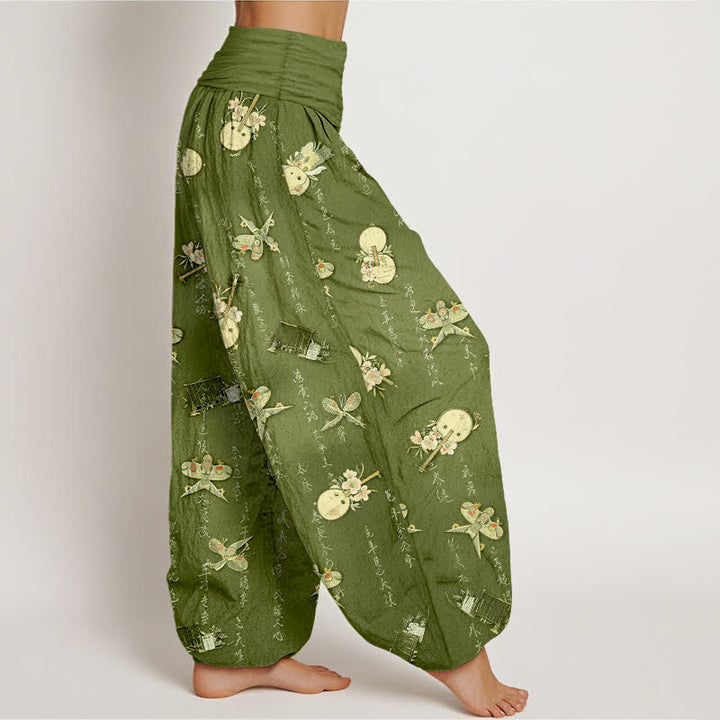 Buddha Stones Pure Cotton Kite Musical Instrument Calligraphy Pattern Women's Elastic Waist Harem Pants - image 1