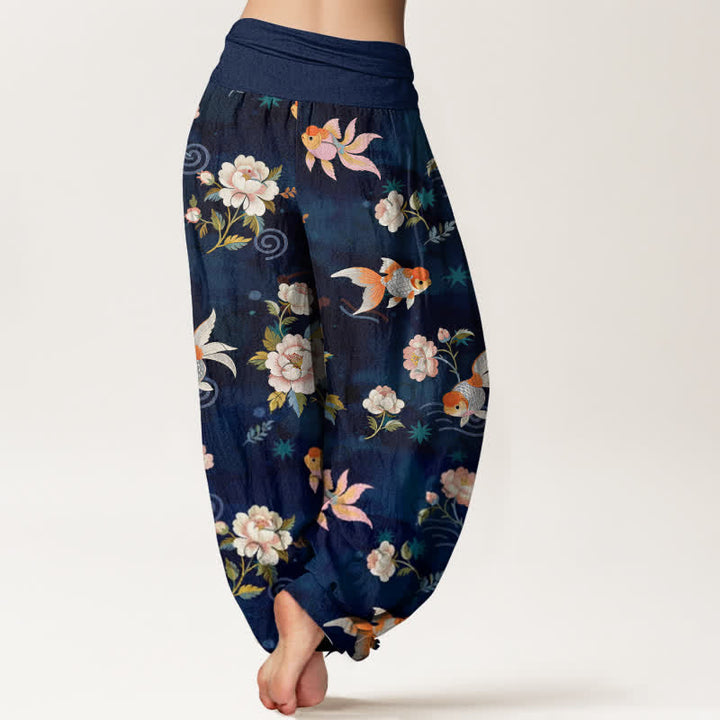 Buddha Stones Pure Cotton Koi Fish Floral Pattern Women's Elastic Waist Harem Pants - image 2
