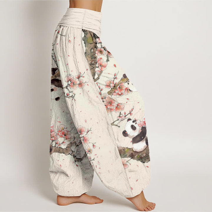 Buddha Stones Pure Cotton Panda Cherry Blossom Pattern Women's Elastic Waist Harem Pants - image 1
