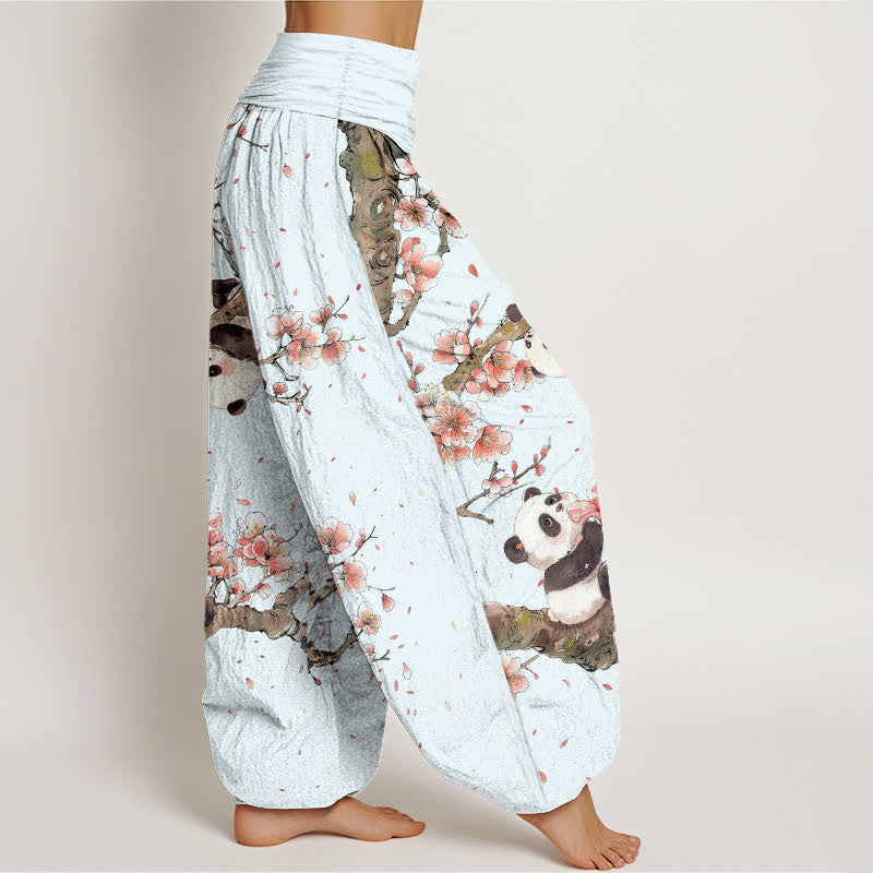 Buddha Stones Pure Cotton Panda Cherry Blossom Pattern Women's Elastic Waist Harem Pants - image 6