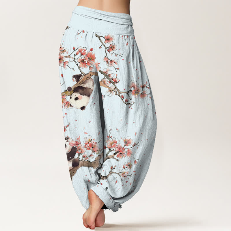 Buddha Stones Pure Cotton Panda Cherry Blossom Pattern Women's Elastic Waist Harem Pants - image 7