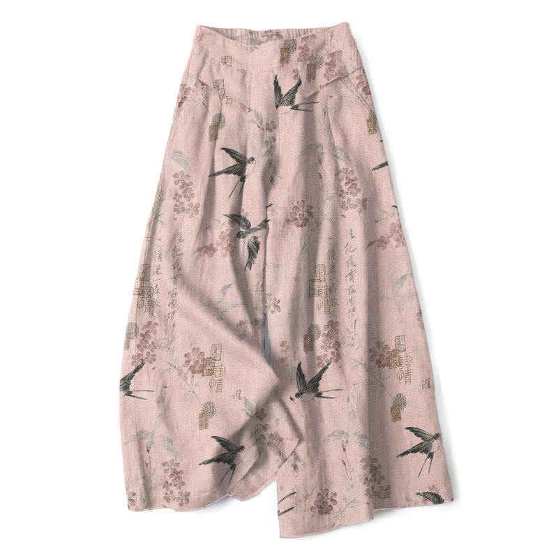 Buddha Stones Cotton Linen Floral Bird Pattern Women's Elastic Waist Wide Leg Pants With Pockets - LightPink - US16，UK/AU20，EU48 (3XL) - image 5