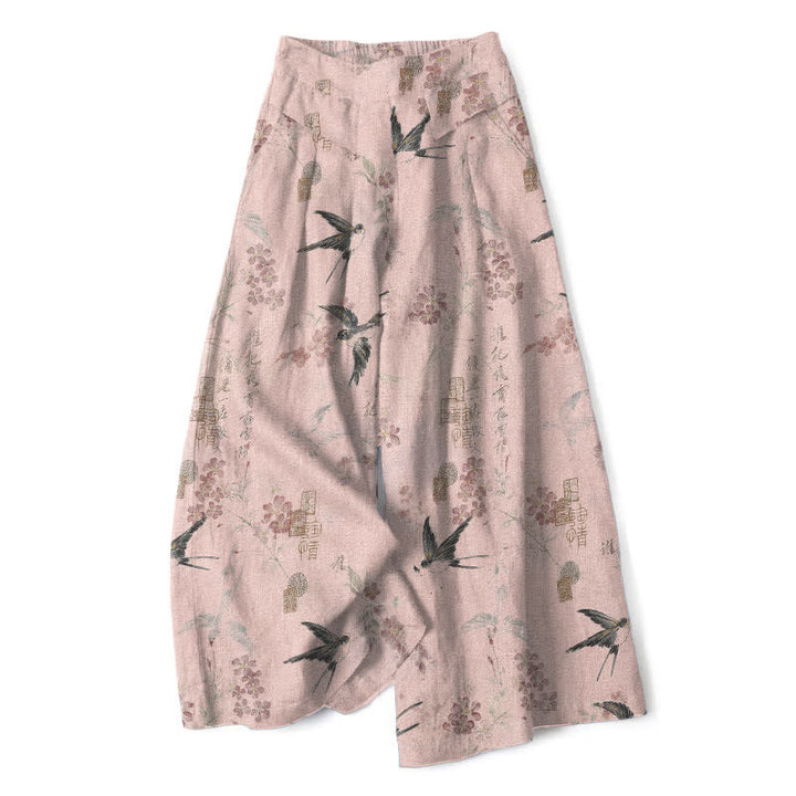 Buddha Stones Cotton Linen Floral Bird Pattern Women's Elastic Waist Wide Leg Pants With Pockets - LightPink - US16，UK/AU20，EU48 (3XL) - image 5