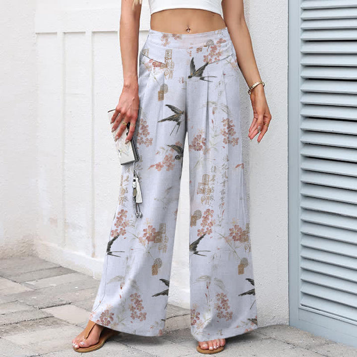 Buddha Stones Cotton Linen Floral Bird Pattern Women's Elastic Waist Wide Leg Pants With Pockets - image 8
