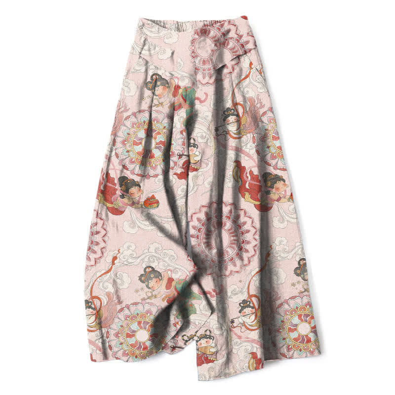Buddha Stones Cotton Linen Fairy Floral Pattern Women's Elastic Waist Wide Leg Pants With Pockets - LavenderBlush - US16，UK/AU20，EU48 (3XL) - image 0
