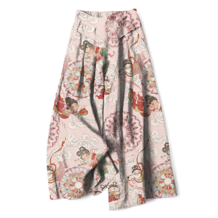 Buddha Stones Cotton Linen Fairy Floral Pattern Women's Elastic Waist Wide Leg Pants With Pockets - LavenderBlush - US16，UK/AU20，EU48 (3XL) - image 0