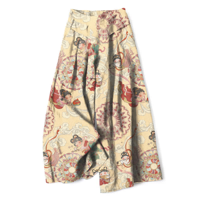 Buddha Stones Cotton Linen Fairy Floral Pattern Women's Elastic Waist Wide Leg Pants With Pockets - PaleGoldenrod - US16，UK/AU20，EU48 (3XL) - image 5