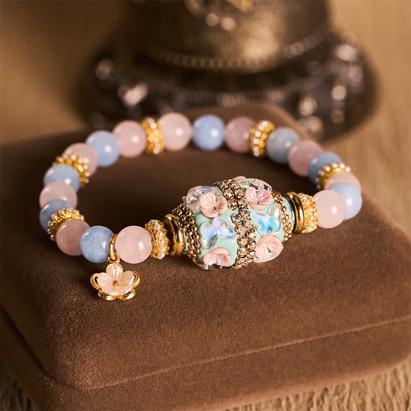 Buddha Stones Rose Quartz Blue Chalcedony Copper Barrel Bead Flower Pendant Love Round Bead Bracelet - Rose Quartz Blue Chalcedony (Wrist Circumference: 15–16 cm) - image 0
