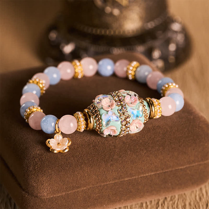 Buddha Stones Rose Quartz Blue Chalcedony Copper Barrel Bead Flower Pendant Love Round Bead Bracelet - Rose Quartz Blue Chalcedony (Wrist Circumference: 15–16 cm) - image 0