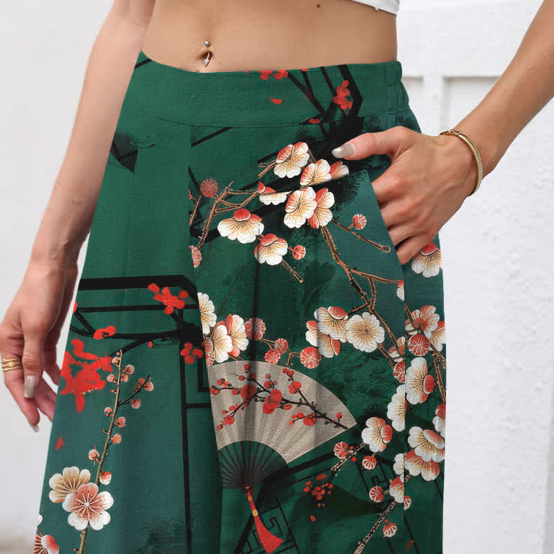 Buddha Stones Cotton Linen Oriental Floral Fan Pattern Women's Elastic Waist Wide Leg Pants With Pockets - image 2