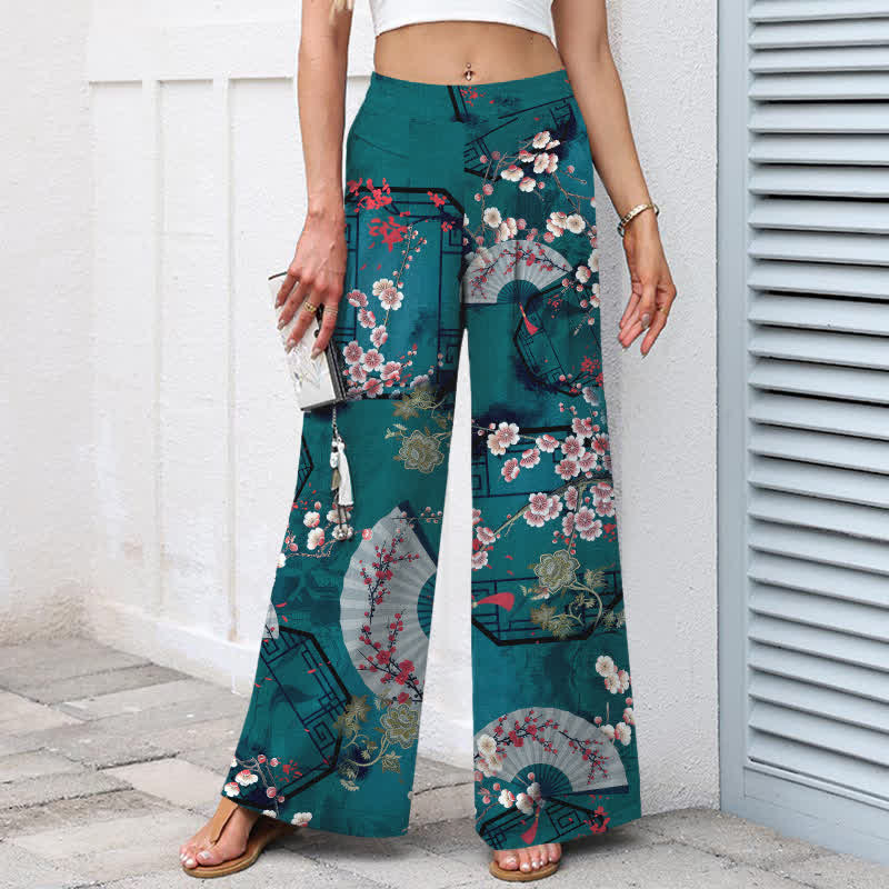 Buddha Stones Cotton Linen Oriental Floral Fan Pattern Women's Elastic Waist Wide Leg Pants With Pockets - image 6