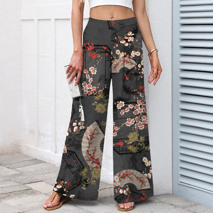 Buddha Stones Cotton Linen Oriental Floral Fan Pattern Women's Elastic Waist Wide Leg Pants With Pockets - image 8
