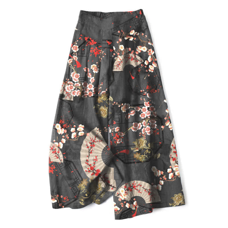 Buddha Stones Cotton Linen Oriental Floral Fan Pattern Women's Elastic Waist Wide Leg Pants With Pockets - DimGray - US16，UK/AU20，EU48 (3XL) - image 7