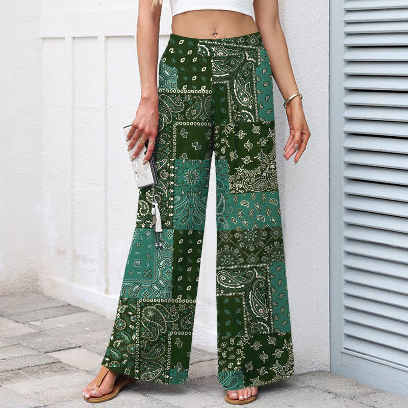 Buddha Stones Cotton Linen Vintage Paisley Patchwork Pattern Women's Elastic Waist Wide Leg Pants With Pockets - image 6