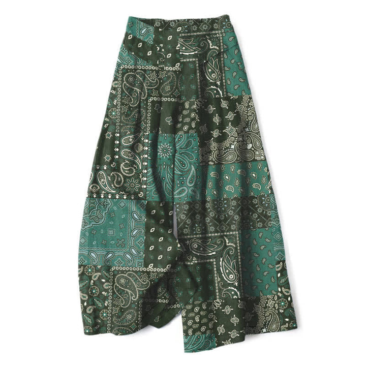 Buddha Stones Cotton Linen Vintage Paisley Patchwork Pattern Women's Elastic Waist Wide Leg Pants With Pockets - DarkOliveGreen - US16，UK/AU20，EU48 (3XL) - image 5