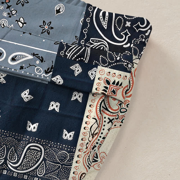 Buddha Stones Cotton Linen Patchwork Paisley Pattern Women's Elastic Waist Wide Leg Pants With Pockets - image 3