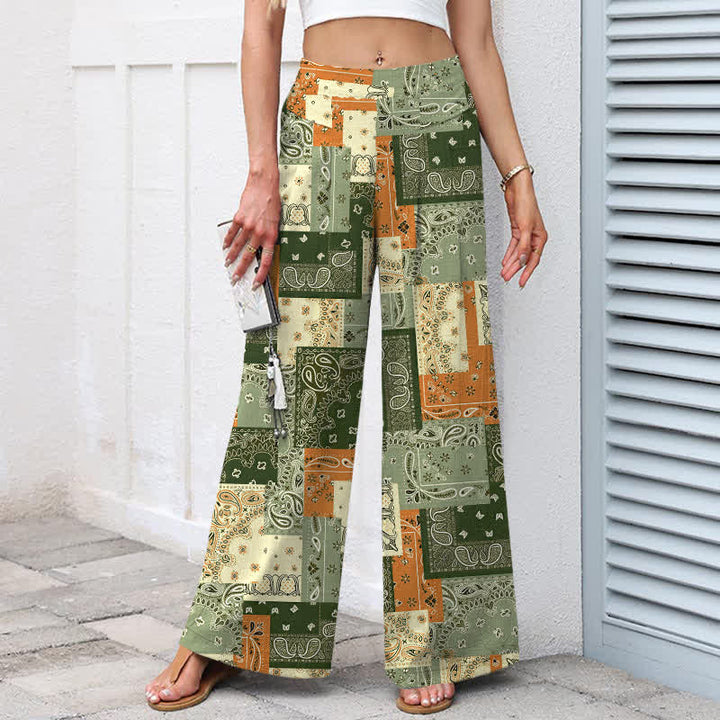 Buddha Stones Cotton Linen Patchwork Paisley Pattern Women's Elastic Waist Wide Leg Pants With Pockets - image 8