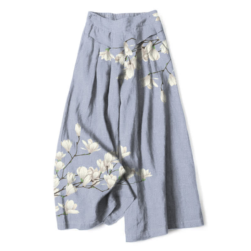Buddha Stones Cotton Linen Vintage Floral Pattern Women's Elastic Waist Wide Leg Pants With Pockets - LightBlue - US16，UK/AU20，EU48 (3XL) - image 7