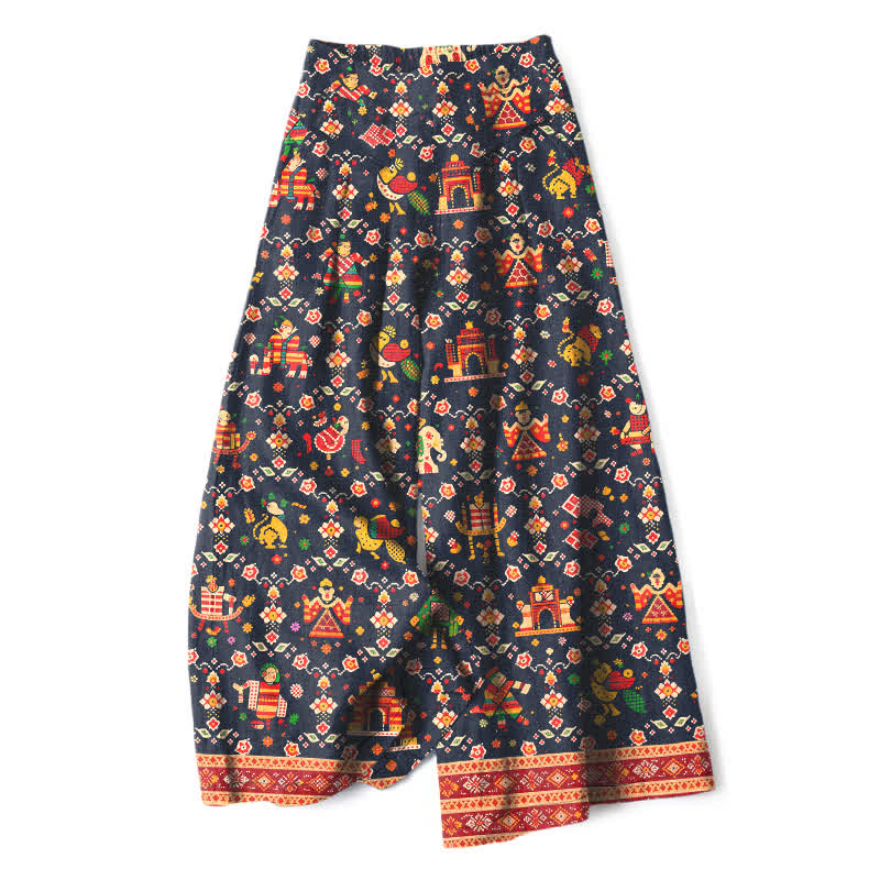 Buddha Stones Cotton Linen Bohemian Geometric Pattern Women's Elastic Waist Wide Leg Pants With Pockets - MidnightBlue - US16，UK/AU20，EU48 (3XL) - image 0