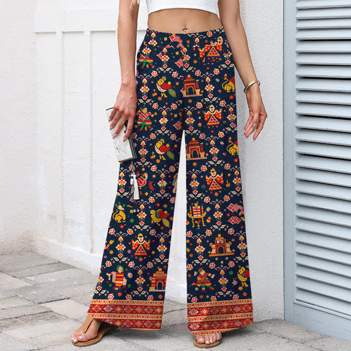 Buddha Stones Cotton Linen Bohemian Geometric Pattern Women's Elastic Waist Wide Leg Pants With Pockets - image 1