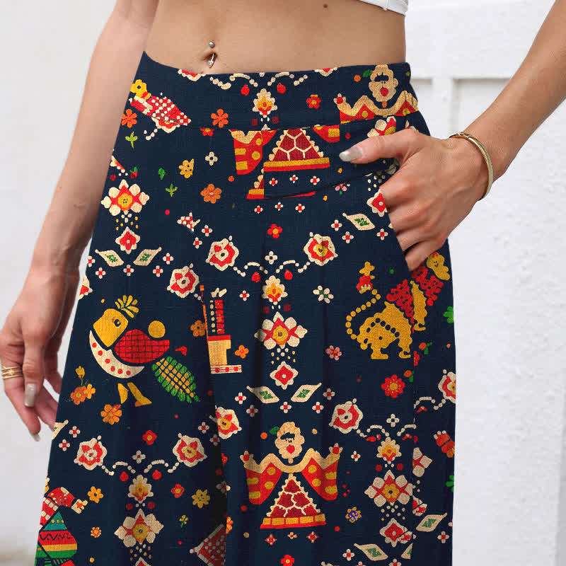 Buddha Stones Cotton Linen Bohemian Geometric Pattern Women's Elastic Waist Wide Leg Pants With Pockets - image 2