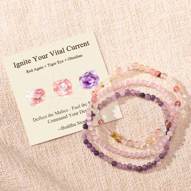 Buddha Stones 3pcs "Soothe Your Inner Self" Tourmaline Protection Bracelet Includes Gift Message Card - Tourmaline Pink Cat's Eye Lepidolite - 6.3–6.7 in (16–17 cm) - image 0