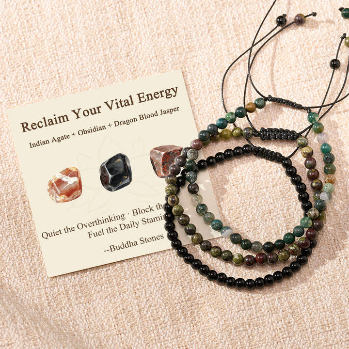 Buddha Stones 3pcs "Reclaim Your Vital Energy" Indian Agate Transformation Bracelet Includes Gift Message Card - Indian Agate Obsidian Dragon Blood Jasper - 6.3–6.7 in (16–17 cm) - image 0