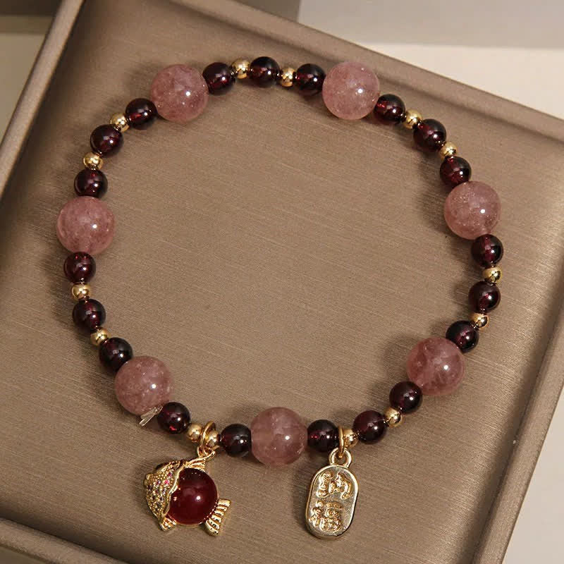 Buddha Stones Strawberry Quartz Garnet Koi Fish Fu Character Healing Bracelet - image 4