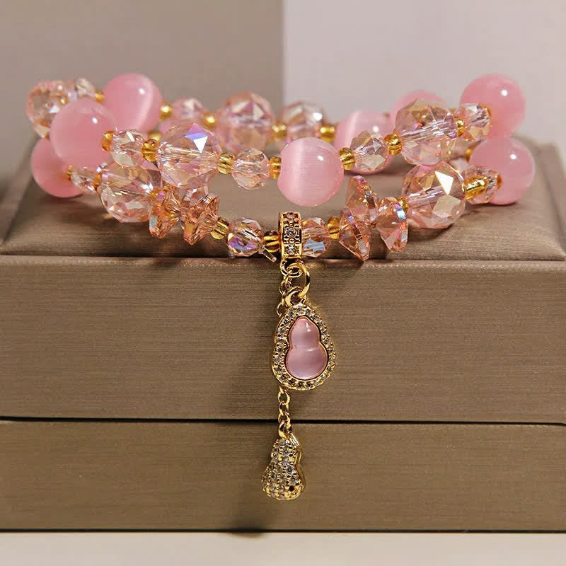 Buddha Stones Cat's Eye Gourd Pendant Double Layer Beaded Bracelet - Pink Cat's Eye - image 0