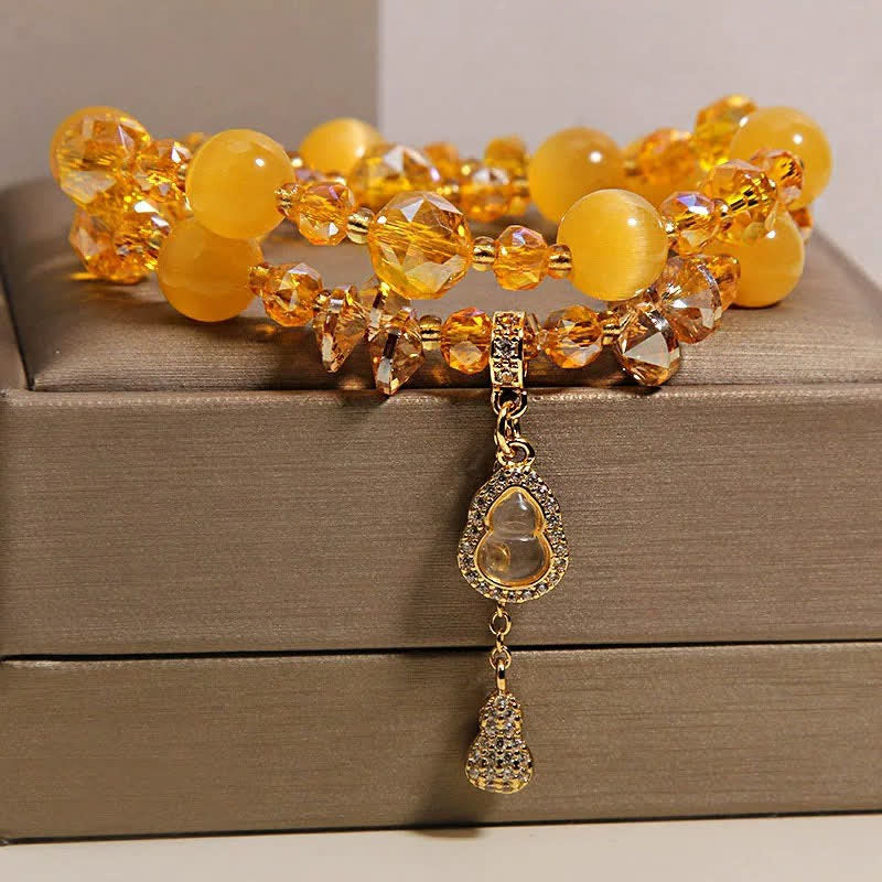 Buddha Stones Cat's Eye Gourd Pendant Double Layer Beaded Bracelet - Yellow Cat's Eye - image 5