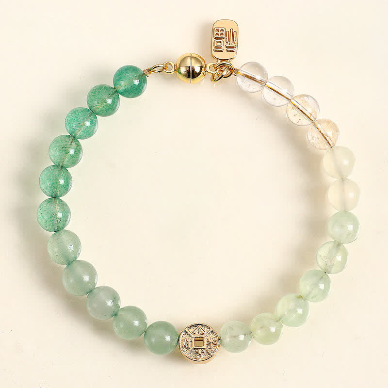 Buddha Stones Tiger Eye Natural Stone Fu Character Copper Coins Happiness Bracelet - Green Strawberry Quartz(Growth ♥ Healing) - image 16