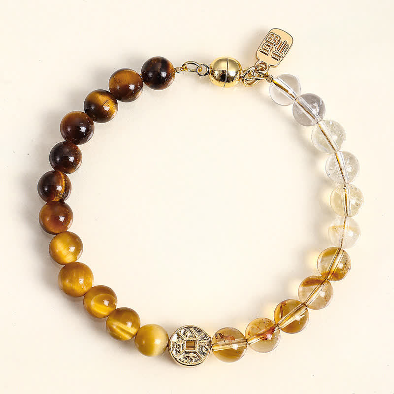 Buddha Stones Tiger Eye Natural Stone Fu Character Copper Coins Happiness Bracelet - Tiger Eye(Confidence ♥ Focus) - image 0